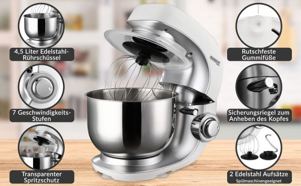 monzana Küchenmaschine Noblesse Silber 1000W 4,5L, 106203