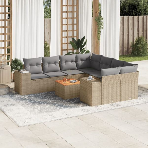 vidaXL 9-tlg. Garten-Sofagarnitur mit Kissen Beige Poly Rattan, 3225373