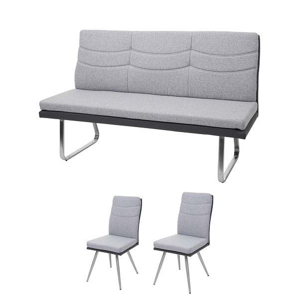Mendler Set 2x Esszimmerstuhl+Sitzbank HWC-G54, Bank Küchenstuhl Stuhl, Stoff/Kunstleder Edelstahl, grau Bank 160cm, 71704+71705