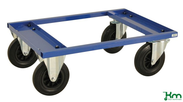 Kongamek Palettenwagen - niedrig, 2 Bock- und 2 Lenkrollen aus Vollgummi mit Bremsen, Blau, 800 x 600 x 270 mm, KM217-BHB
