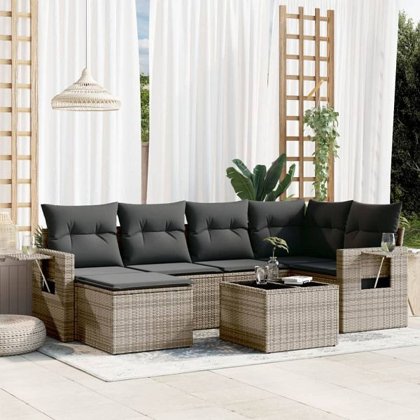 vidaXL 7-teilig Garten-Sofagarnitur mit Kissen Grau Poly Rattan, 3252807