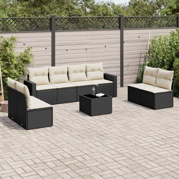 vidaXL 9-teilig Garten-Sofagarnitur mit Kissen Schwarz Poly Rattan, 3251193