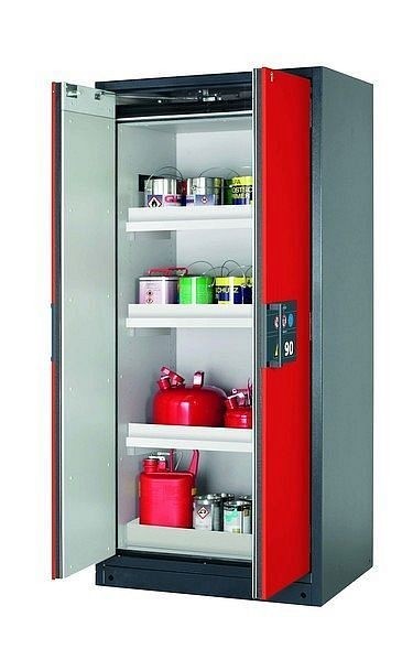 asecos Sicherheitsschrank Q-PEGASUS-90, Q90.195.090.WDAC in verkehrsrot RAL 3020 mit 3x Wannenboden Standard (Polypropylen), 30042-046-30051