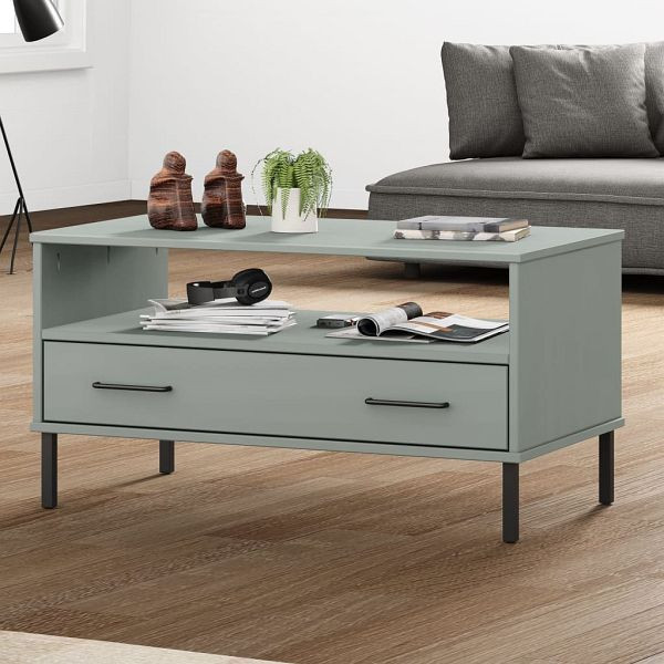 vidaXL Couchtisch OSLO mit Metallbeinen Grau 85x50x45 cm Massivholz, 351034