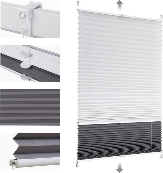 Sekey Plissee Day+Night Verdunkelung ohne Bohren verspannt, Lichtschutz, 80 x 150 cm Weiß und Grau, BL-8130