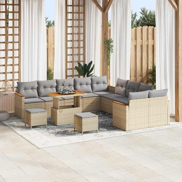 vidaXL Garten-Sofa-Set mit Kissen 13-teilig Beige Poly-Rattan, 3365057