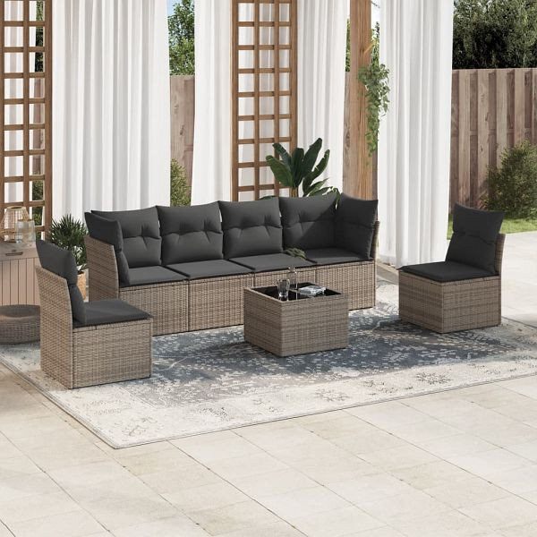 vidaXL 7-teilig Garten-Sofagarnitur mit Kissen Grau Poly Rattan, 3217380