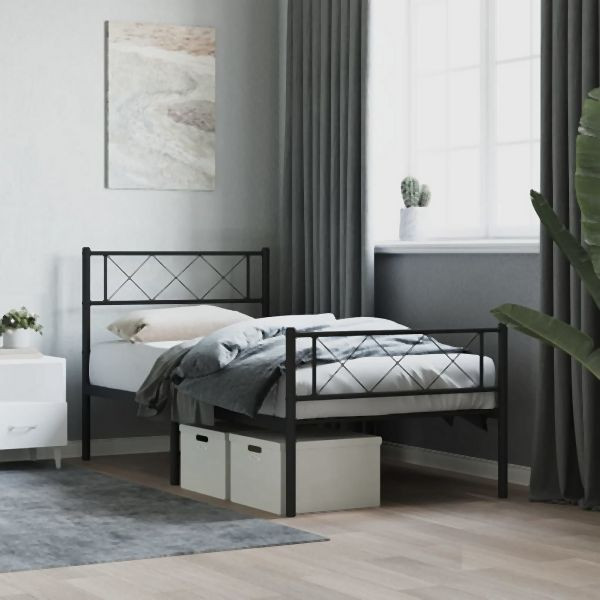 vidaXL Bettgestell mit Kopf- und Fußteil Metall Schwarz 90x200 cm, 372288