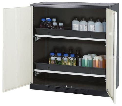 asecos Chemikalienschrank Systema-T CS-102, Korpus anthrazit, Flügeltüren weiß, 2 Tablarauszüge, 208659