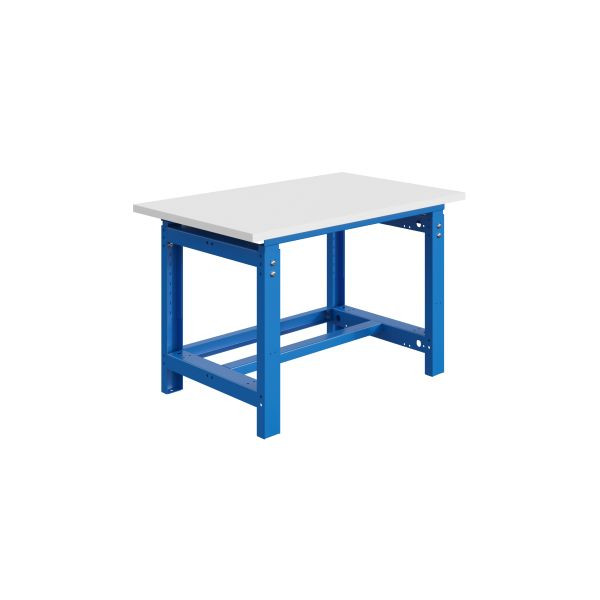 SOFAME SI Werkbank, mechanisch höhenverstellbar, B 1500 x T 750 x H 770 bis 1050 mm, RESITOP Laminat-Arbeitsplatte 30 mm, Himmelblau RAL 5015, W010010238BI