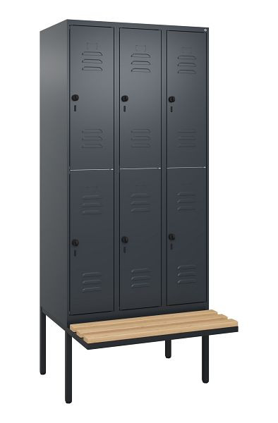 C+P Doppelstöckiger Spind Classic PLUS, 3 Abteile, 2120x900x815mm, 7016/7016, Drehriegel, Sitzleisten aus Buche, schwebende Sitzfläche, 0803407-30 S10012