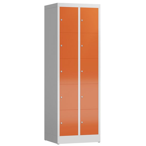 Lüllmann ClassiX Schließfachschrank, 2 Abteile à 5 Fächer, 1800 x 590 x 500 mm, lichtgrau/feuerrot, X-520524