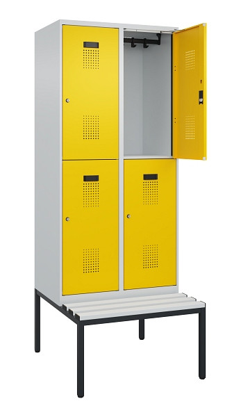 C+P Doppelstock-Spind Evolo PLUS, Bank, 4 Fächer, 2120x800x815mm, 7035/1023, Zylinderschloss, Sitzfläche Kunststoff, Sitzbank, 0493507-22 S10109