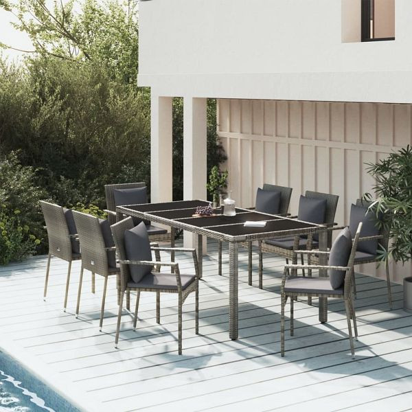 vidaXL 9-tlg. Garten-Essgruppe mit Kissen Grau Poly Rattan, 3157962