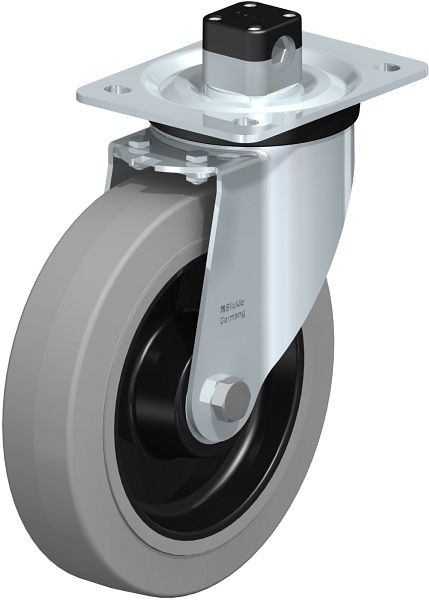 Blickle L-POEV 200K-CS11-SG Stahlblech-Lenkrolle, mittelschwere Ausführung, mit Anschraubplatte & Zentralfeststeller, Elastik-Vollgummi, Grau, 850800