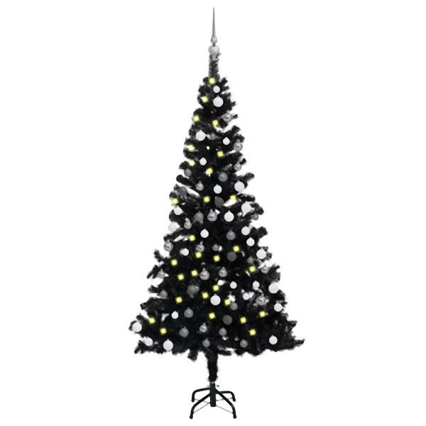 vidaXL Künstlicher Weihnachtsbaum Beleuchtung & Kugeln Schwarz 180 cm, 3077676