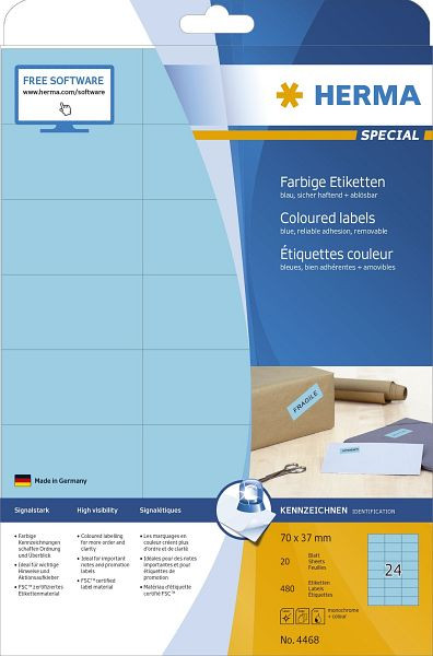 HERMA 4468 Etiketten A4 blau 70x37 mm Papier matt 480 St., 4468