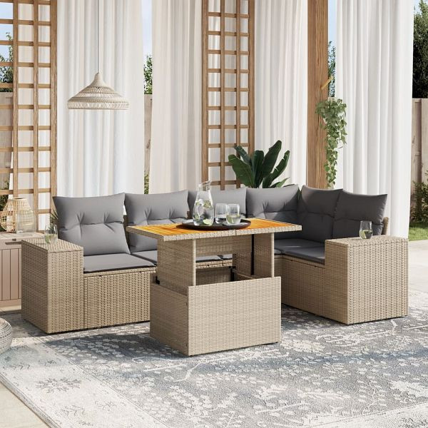 vidaXL 6-teilig Garten-Sofagarnitur mit Kissen Beige Poly Rattan, 3272627