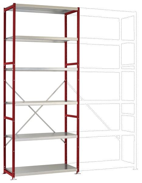 Manuflex Schweres Fachboden-Steckregal Grundregal mit 6 Stahlböden, HxBxT = 2500 x 1030 x 400 mm, rubinrot, RP1322.3003