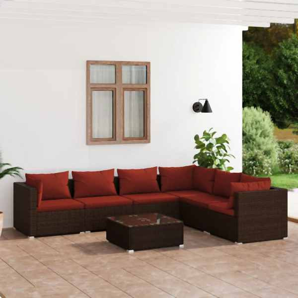 vidaXL 7-tlg. Garten-Lounge-Set mit Kissen Poly Rattan Braun, 3101731