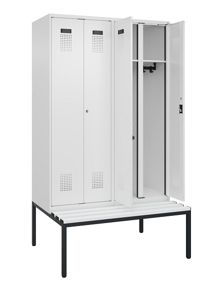 C+P Schwarz-Weiß-Spind Evolo PLUS, Bank, 4 Abteile, 2120x1200x815mm, 9016/9016, Zylinderschloss, Sitzfläche Kunststoff, Sitzbank, 0490527-40 S10100