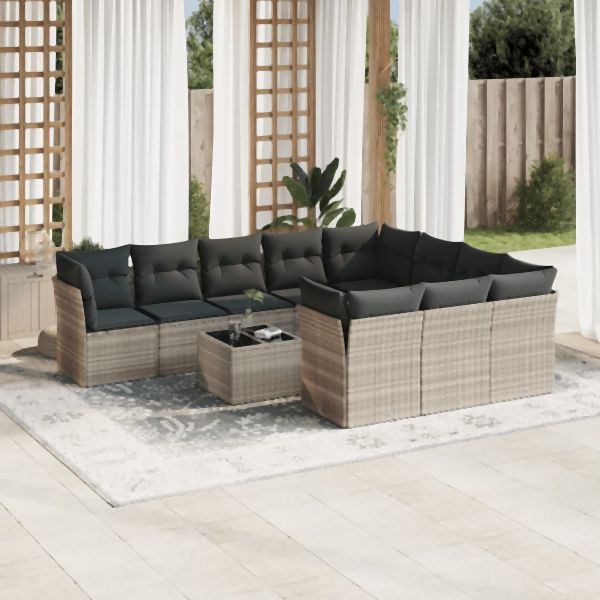 vidaXL 11-tlg. Garten-Sofagarnitur mit Kissen Hellgrau Poly Rattan, 3218232