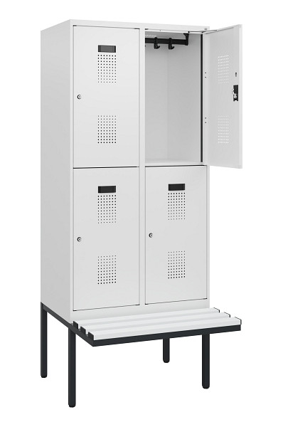 C+P Doppelstock-Spind Evolo PLUS, Bank, 4 Fächer, 1950x800x815mm, 9016/9016, Zylinderschloss, Sitzfläche Kunststoff, 0493405-22 S10155