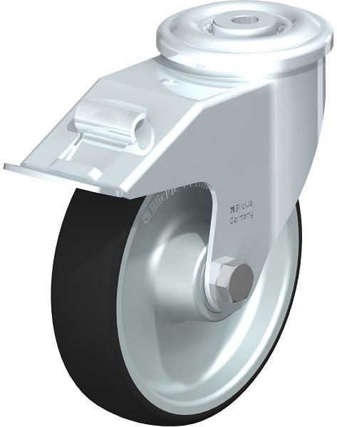 Blickle LER-PATH 160R-FI Stahlblech-Lenkrolle mit Rückenloch & Feststeller, Thermoplastisches Polyurethan, Grau, 847008