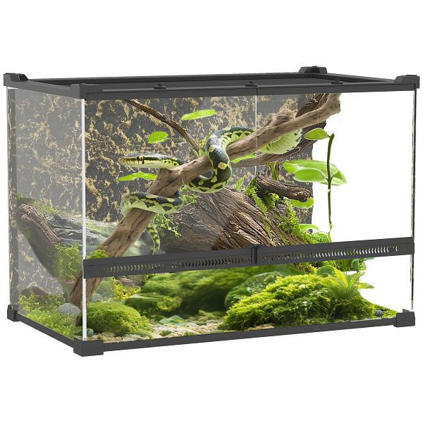PawHut Terrarium für Reptilien Glasterrarium 48L mit Frontbelüftung Steinrückwand Drehverschluss 50 x 30 x 35 cm Schwarz, D40-052V13BK