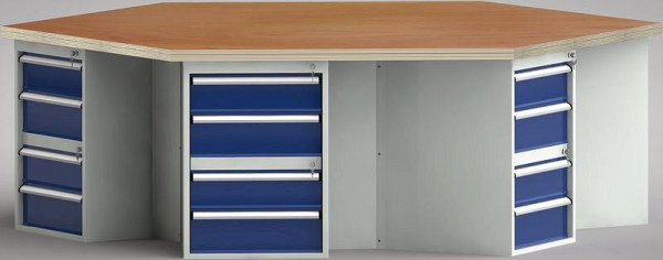 KLW PROFI-Werkbank in Sechseckform (ERGO-Version) mit massiver Buchen-Parkettplatte in 6-Eck-Form 2338 x 2700 x 45 mm L x B x S, WP620E-1350M45-E9002