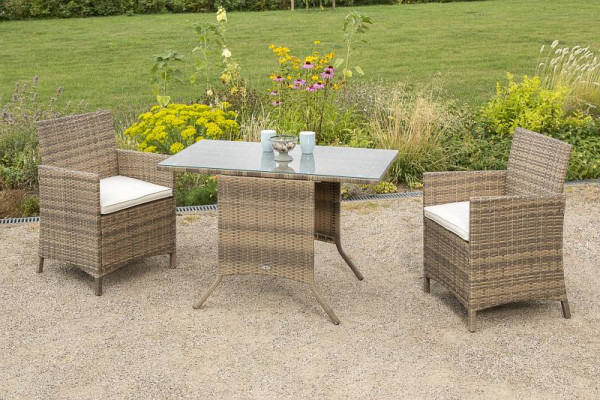Merxx Treviso Set 5-teilig, 2 Sessel inkl. Sitzkissen, 1 Tisch 115 x 64 cm, aufliegende Sicherheitsglasplatte, naturgrau, 28319-228