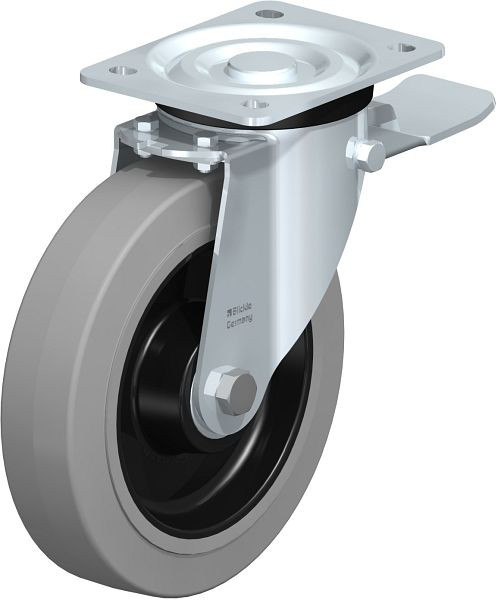 Blickle L-POEV 200K-ST-SG Stahlblech-Lenkrolle, mittelschwere Ausführung, mit Anschraubplatte & Feststeller, Elastik-Vollgummi, Grau, 287540