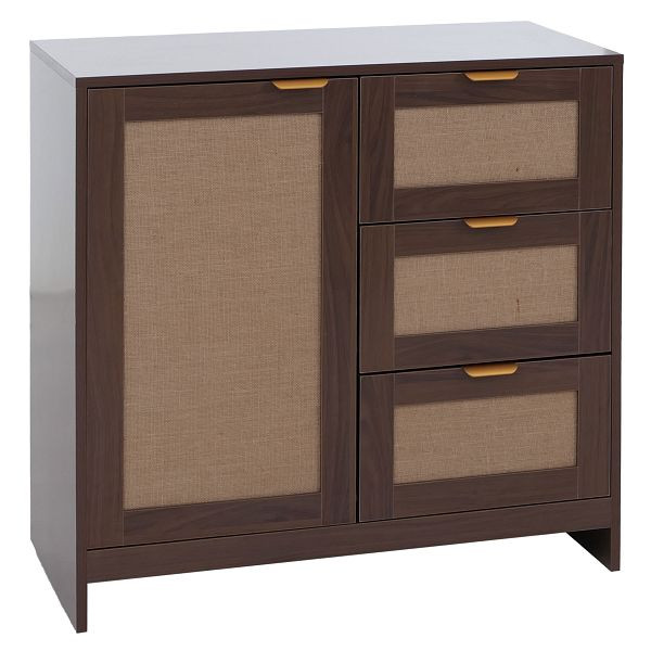 Mendler Kommode HWC-P50, Schrank Sideboard Highboard, Schubladen Staufach, MDF Melamin Leinenfront, Walnuss-Optik, 139901+140183