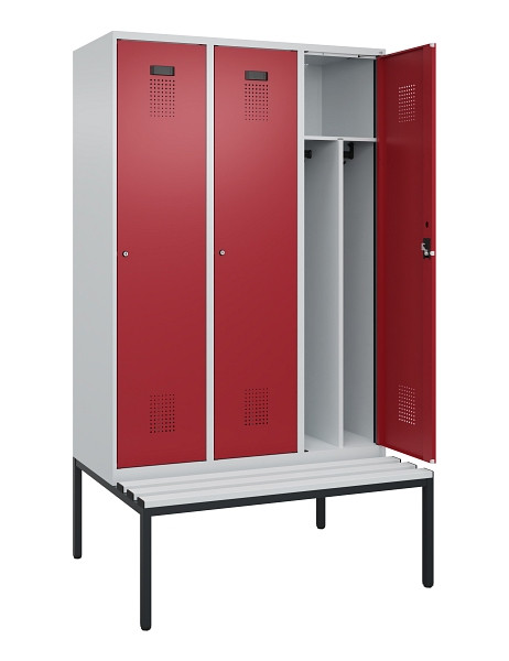 C+P Spind Evolo PLUS, 3 Abteile, 2120x1200x815mm, 7035/3003, Haken 4, Zylinderschloss, Sitzfläche Kunststoff, Sitzbank, Trennwand, 0490507-32F S10085