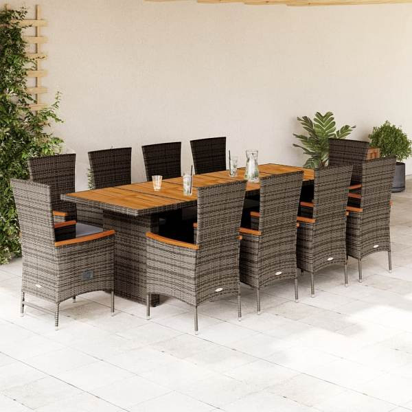 vidaXL 11-tlg. Garten-Essgruppe mit Kissen Grau Poly Rattan, UV-beständig, 3277550