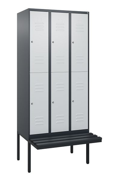 C+P Doppelstöckiger Spind Classic PLUS, 3 Abteile, 2120x900x815mm, 7016/7035, Zylinderschlösser, schwebende Sitzfläche, 0803407-30 S10028