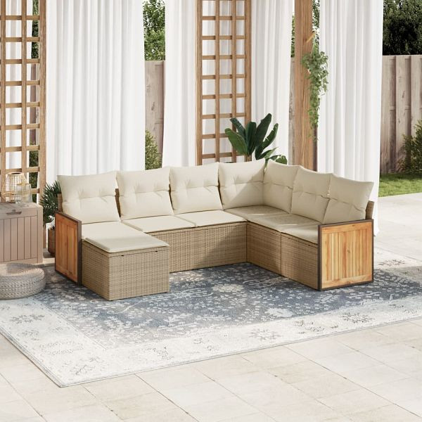 vidaXL 7-teilig Garten-Sofagarnitur mit Kissen Beige Poly Rattan, 3260287