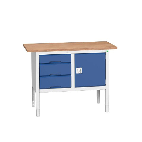 bott verso Kastenwerkbank mit einstellbarer Arbeitshöhe und Schubladenschrank mit 3 Schubladen, 1250x600x830-930mm, Lichtgrau/Enzianblau, 16923003.11