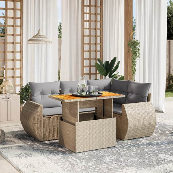 vidaXL 5-tlg. Garten-Sofagarnitur mit Kissen Beige Poly Rattan, UV-beständig, 3272179