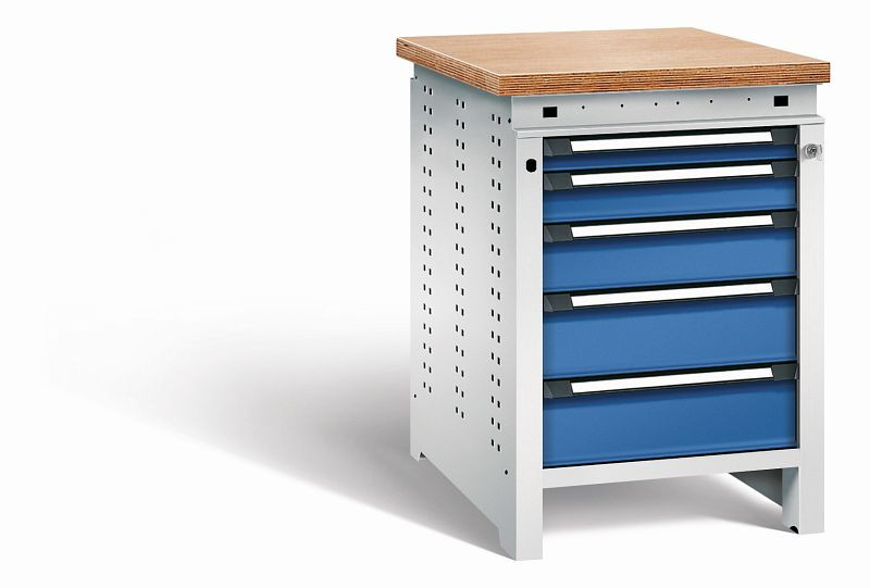 Otto Kind Werkbank Serie function Typ 109, Multiplexplatte, bündig, 5 Schubladen, mit Zentralverschluss, Gehäuse RAL 7035, Front RAL 5010, 072326186