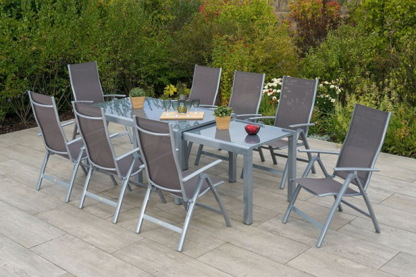 Merxx Carrara Set 9-teilig, 8 Klappsessel, 1 Flex Ausziehtisch, 160/160 x 78/75 x78/74,5 cm, Silber/taupe, 50697-325