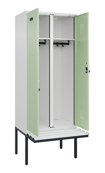 C+P Schwarz-Weiß-Spind Evolo PLUS, Bank, 2 Abteile, 2120x800x815mm, 9016/6019, Drehriegel, Material Sitzfläche Kunststoff, 0490427-22 S10073