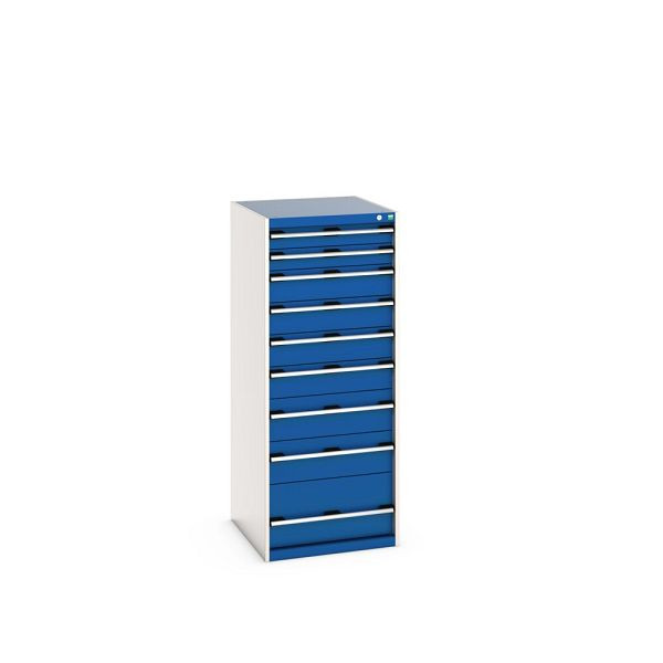 bott cubio Schubladenschrank bestückt, mit 9 Schubladen, BxTxH: 650x750x1600mm, RAL 7035/5010, Enzianblau, 40027045.11V