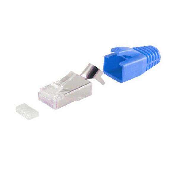 shiverpeaks BASIC-S, Netzwerk Modular Stecker RJ45 SET für Verlegekabel bis AWG 23, Stecker mit Zugentlastung, Einführhilfe und Tülle, blau, BS72067-B