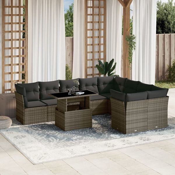 vidaXL 10-teilig Garten-Sofagarnitur mit Kissen Grau Poly Rattan, 3266840