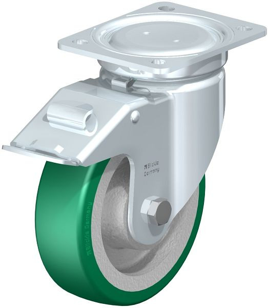 Blickle LU-GST 160K-FI Stahlblech-Lenkrolle, schwere, geschlossene Ausführung, mit Anschraubplatte & Feststeller, Blickle Softhane®, Grün, 755104
