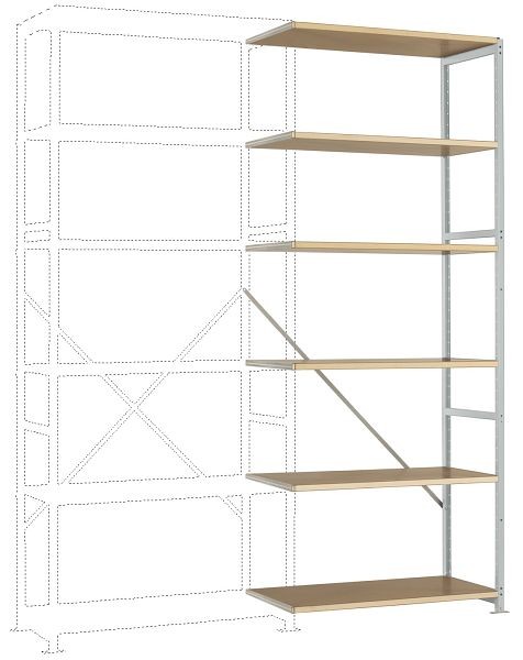 Manuflex Mittelschweres Fachboden-Steckregal Anbauregal mit 6 Holzverbundböden, HxBxT = 2500 x 1000 x 300 mm, lichtgrau, RP1405.7035