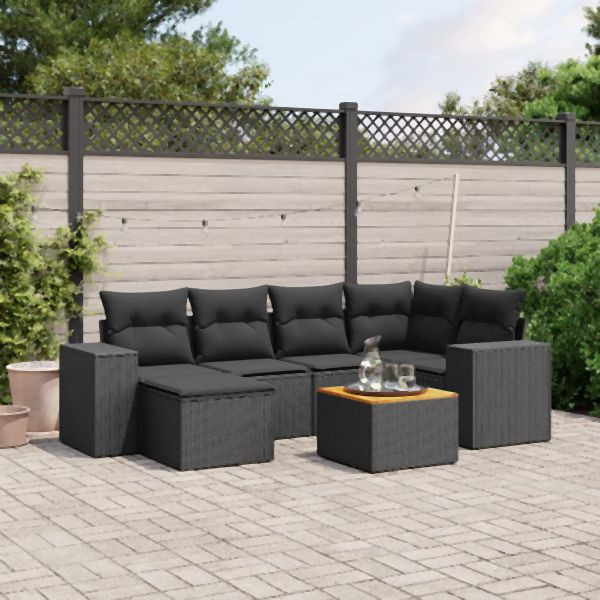 vidaXL 7-tlg. Garten-Sofagarnitur mit Kissen Schwarz Poly Rattan, 3257875