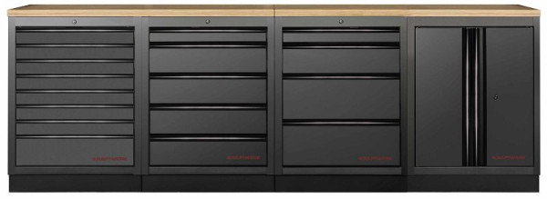 Kraftwerk MOBILIO BLACK EDITION 4er Unterschrank-Kombi, 17 Schubladen, 1 Schrank, Arbeitsplatte Buche Multiplex, 3964K-BLK-004