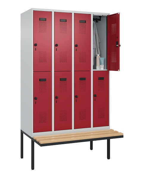 C+P Doppelstock-Spind Evolo PLUS, Bank, 8 Fächer, 2120x1200x815mm, 7035/3003, Drehriegel, Sitzfläche Buche-Hartholz, 0493407-40 S10004